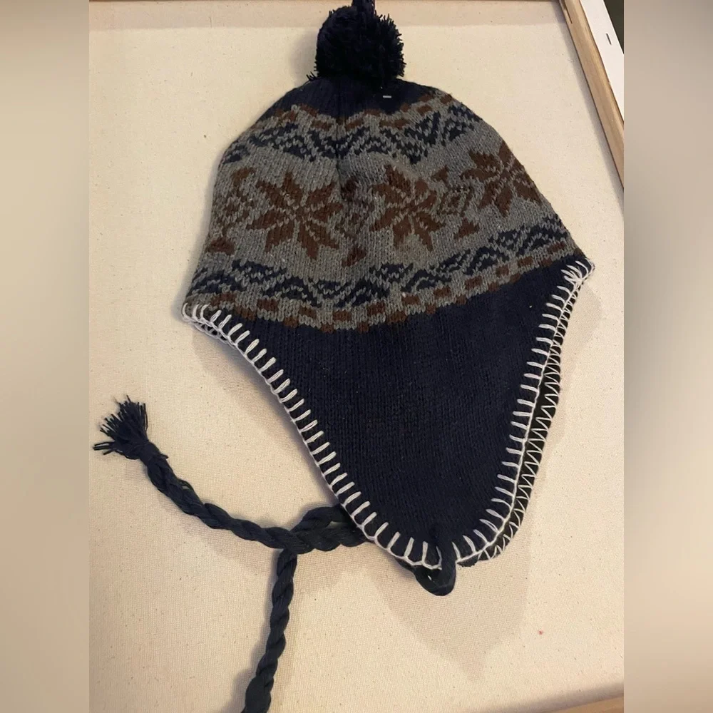 Navy and Gray Knit Earflap Hat  Snowflake Fleece Lined Winter Trapper Hat